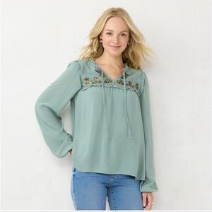 Lauren Conrad LC Ruffle Puff-Sleeve Blouse Womens Sz XXL Lt Green Long Sleeve V-